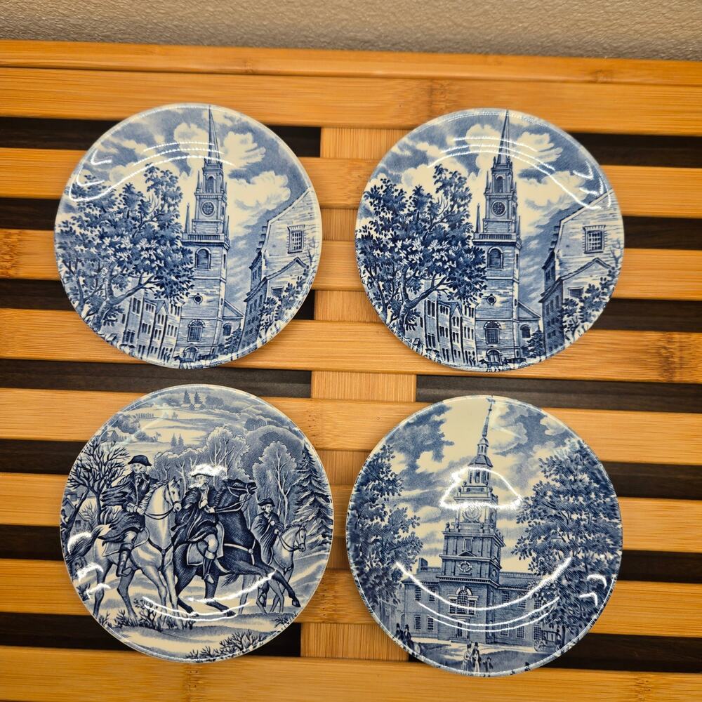 Set of 4 Vintage Liberty Blue Plates Independence Hall Historic Colonial
